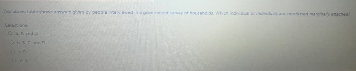 The above table shows answers given by people interviewed in a government survey of households. Which individual or individuals are considered marginally attached?
Select one:
O a. A and D
O b.B. C and D
O d. A

