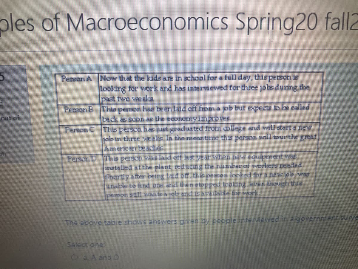 ples of Macroeconomics Spring20 fall2
Pereon A Now that the kide an in school for a full day, this person
odurg for woek: and has inasnడండీ గంr రేశిండ obe dunmg the
pet two weka
The peron hae been laid of from a pb but expecta to br called
becke soon* de ecoro y mproves
Thus peason he t gradisted fromm colege And willtart a raw
hobın three veeks In themeanbne ha person vnll tour the gmat
Person B
out of
American bexchef
Persen D
nstaLed atthe plant, rediucing the nunnber af workers reeded.
Shortly after betng Iad off, thepermon looked for anevob wo
unable to fird ure sid thenatopped lookung even though thie
berson sall wantsa ob and is avaiable fer work.
The above table shows answers given by people interviewed in a government surve
Select one:
a. A and D

