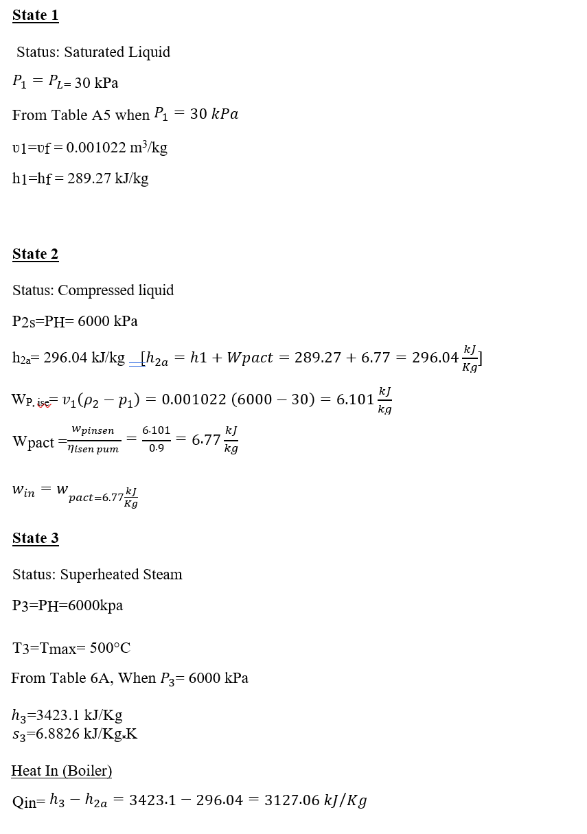 State 1
Status: Saturated Liquid
P₁ = PL= 30 kPa
From Table A5 when P₁ = 30 kPa
v1 vf = 0.001022 m³/kg
h1 hf 289.27 kJ/kg
State 2
Status: Compressed liquid
P2s PH=6000 kPa
h2a= 296.04 kJ/kg _[h₂a = h1 + Wpact = 289.27 + 6.77 = 296.04
WP, ise V₁ (P2 - P₁) = 0.001022 (6000 - 30) = 6.101
kg
Wpinsen 6.101
0.9
Wpact nisen pum
Win = W
State 3
pact=6.77Kg
Status: Superheated Steam
P3-PH=6000kpa
= 6.77
h3-3423.1 kJ/Kg
S3-6.8826 kJ/Kg.K
kJ
kg
T3 Tmax= 500°C
From Table 6A, When P3= 6000 kPa
Heat In (Boiler)
Qin=h3 - h₂a = 3423.1 - 296.04 = 3127.06 kJ/Kg
Kg