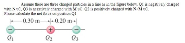 Assume there are three charged particles in a line as in the figure below. Q1 is negatively charged
with N uC, Q3 is negatively charged with M uC. Q2 is positively charged with N+M uC.
Please calculate the net force on position Q1
-0.30 m -0.20 m-|
Q2
Q3
