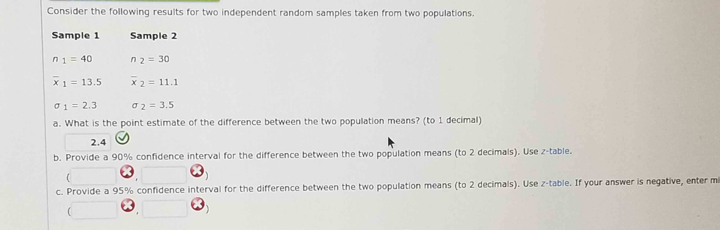 Consider the following results for two independent random samples taken from two populations.
Sample 1 Sample 2
n 140
2 30
x1 13.5 X2 11.1
01-2.3
a. What is the point estimate of the difference between the two population means? (to 1 decimal)
σ 2-3.5
2.4
b. Provide a 90% confidence interval for the difference between the two population means (to 2 decimals). Use z-table.
C. Provide a 95% confidence interval for the difference between the two population means (to 2 decimal
s). Use z-table. If your answer is negative, enter mi
