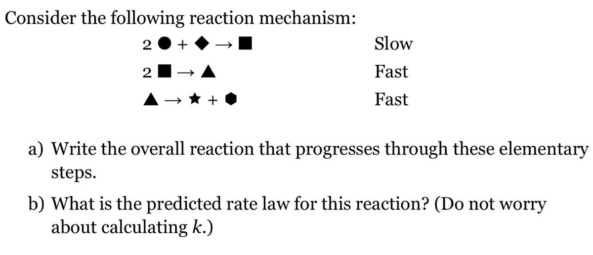 Consider the following reaction mechanism:
2
+
Slow
2
Fast
Fast
a) Write the overall reaction that progresses through these elementary
steps.
b) What is the predicted rate law for this reaction? (Do not worry
about calculating k.)
