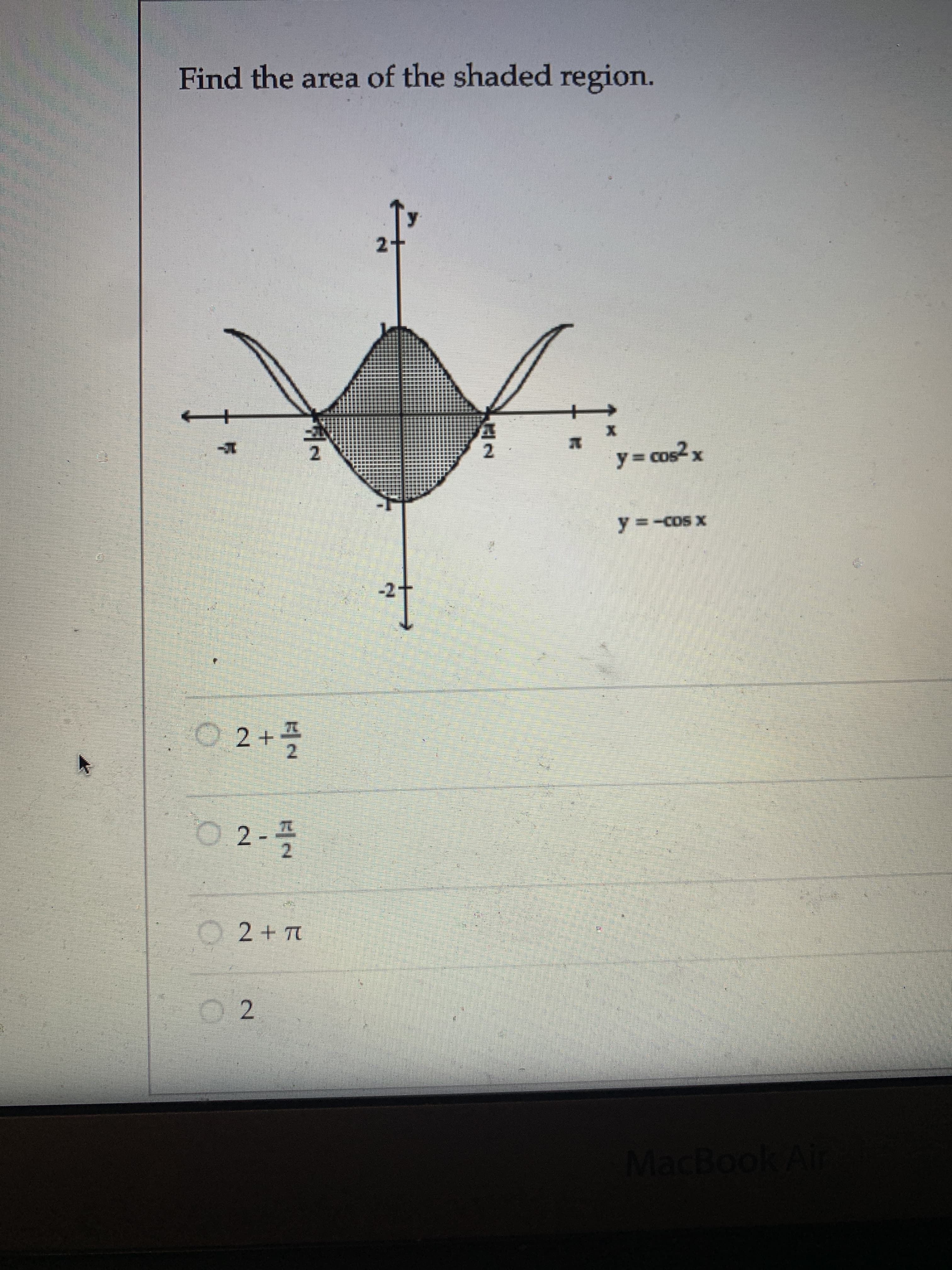 /2
MacBook Air
2+T
O.2
+乙0
x saD- = A
X-90
శం = A
2.
2.
1-
Find the area of the shaded region.

