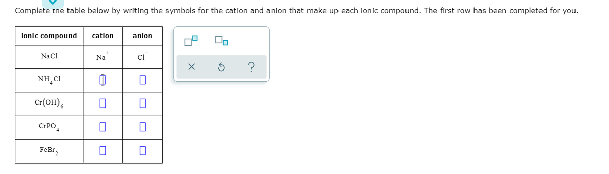 Complete the table below by writing the symbols for the cation and anion that make up each ionic compound. The first row has been completed for you.
ionic compound
cation
anion
Na Cl
Na
NH,C1
Cr(OH),
CIPO,
FeBr,
