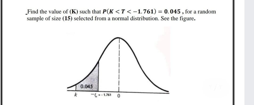 Find the value of (K) such that P(K < T < -1.761) = 0.045 , for a random
sample of size (15) selected from a normal distribution. See the figure.
0.045
k
- =- 1.761
