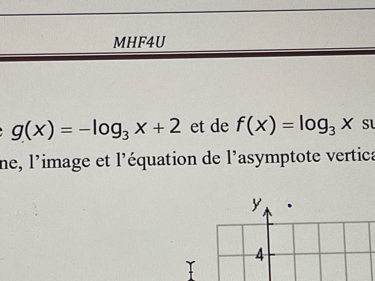 MHF4U
= g(x) = −log3 x + 2 et de f(x) = log3 x su
ne, l'image et l'équation de l'asymptote vertica
Y
4