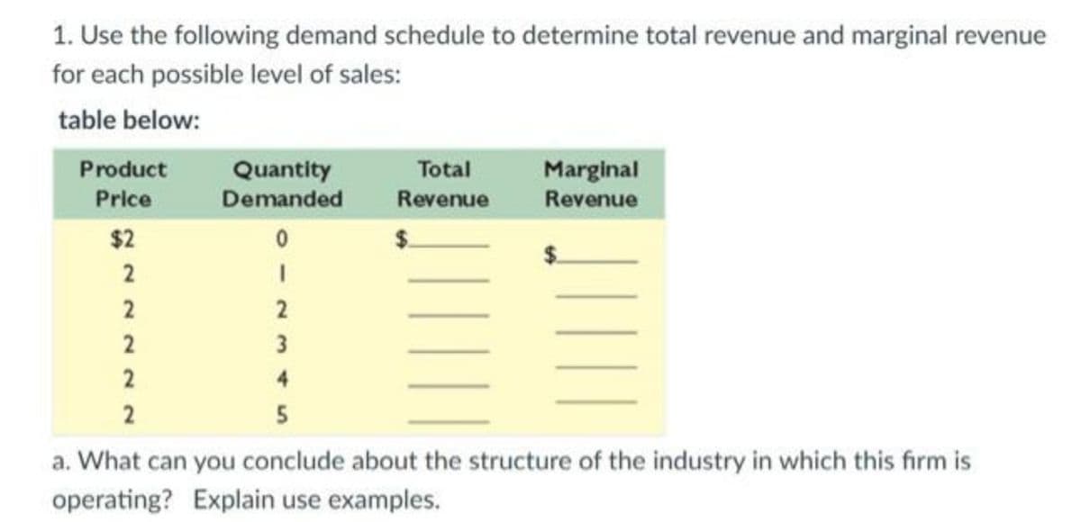 1. Use the following demand schedule to determine total revenue and marginal revenue
for each possible level of sales:
table below:
Product
Price
$2
2
2
2
2
2
Quantity
Demanded
0
I
2
3
4
5
Total
Revenue
Marginal
Revenue
a. What can you conclude about the structure of the industry in which this firm is
operating? Explain use examples.