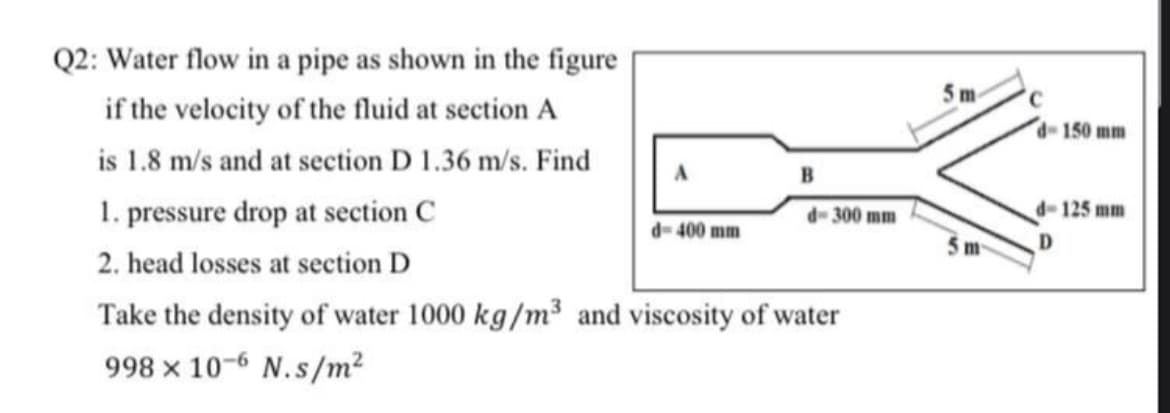 Q2: Water flow in a pipe as shown in the figure
if the velocity of the fluid at section A
is 1.8 m/s and at section D 1.36 m/s. Find
A
1. pressure drop at section C
d-300 mm
d-400 mm
2. head losses at section D
Take the density of water 1000 kg/m³ and viscosity of water
998 × 10-6 N.s/m²
B
5 m-
d-150 mm
d-125 mm
D