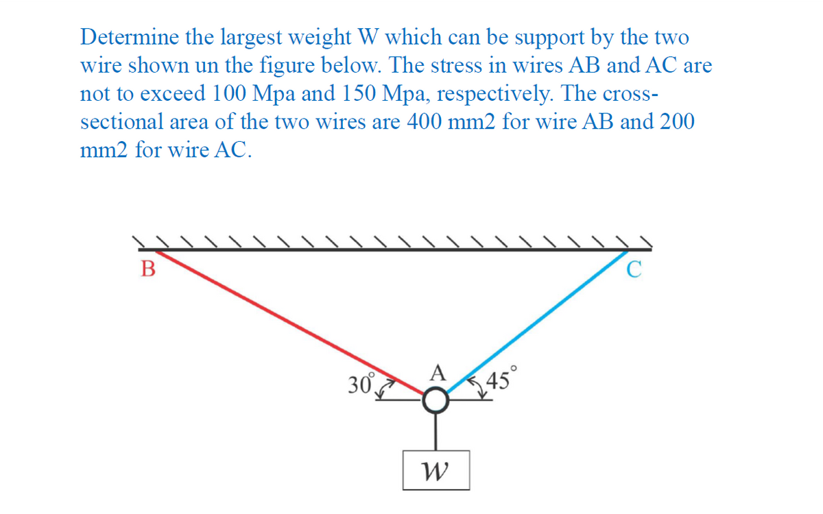 Determine the largest weight W which can be support by the two
wire shown un the figure below. The stress in wires AB and AC are
not to exceed 100 Mpa and 150 Mpa, respectively. The cross-
sectional area of the two wires are 400 mm2 for wire AB and 200
mm2 for wire AC.
30,
A
45°
W
