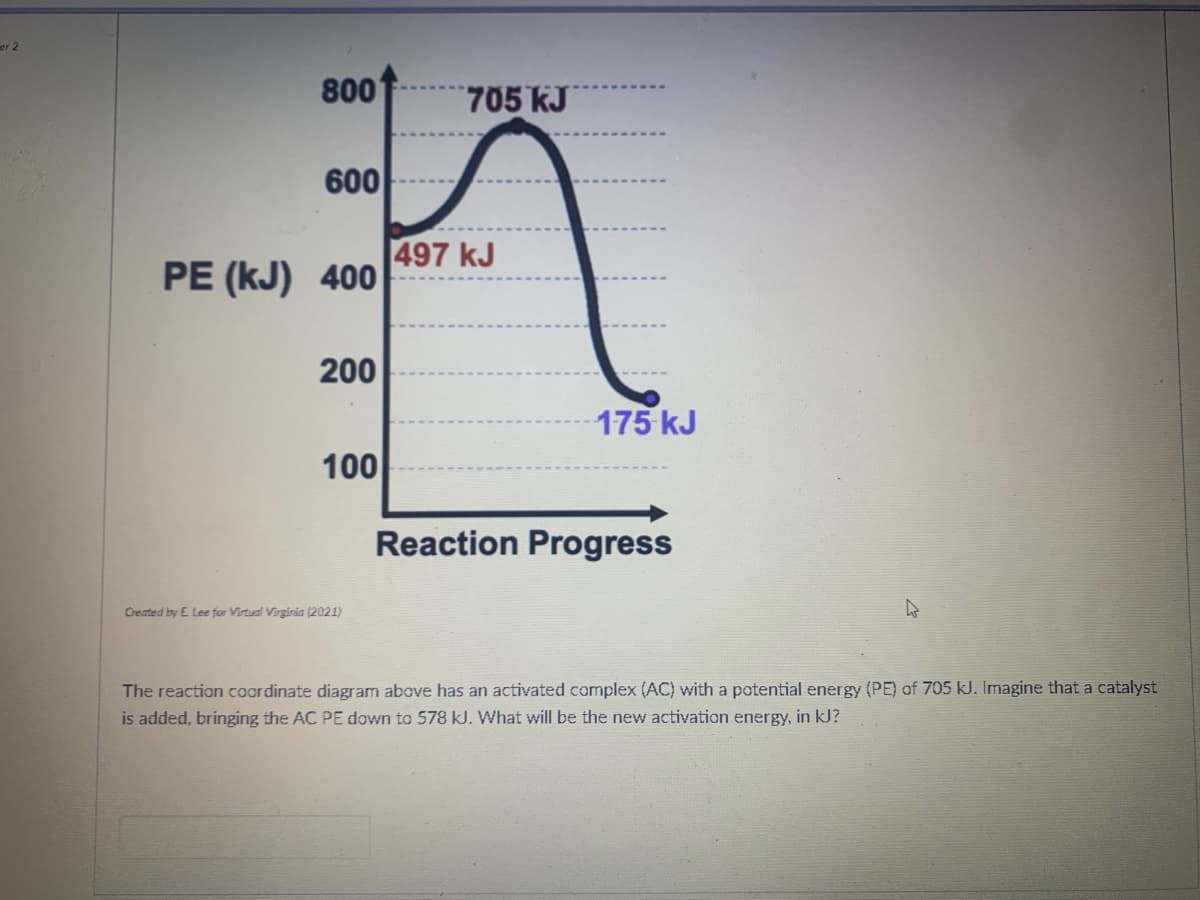 er 2
800
705 kJ
600
497 kJ
PE (kJ) 400
200
175 kJ
100
Reaction Progress
Ceated by E Lee for Virtual Virginia (2021)
The reaction coordinate diagram above has an activated complex (AC) with a potential energy (PE) of 705 kJ. Imagine that a catalyst
is added, bringing the AC PE down to 578 kJ. What will be the new activation energy, in kJ?
