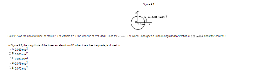 Figure 9.1
D-0.01 rad/s2
2.0m/
Point Pis on the rim of a wheel of radius 2.0 m. At time t = 0, the wheel is at rest, and Pis on the x-aas. The wheel undergoes a uniform angular acceleration of 0.01 rad/s2 about the center O.
In Figure 9.1, the magnitude of the linear acceleration of P. when it reaches the y-axis, is closest to:
O A. 0.089 mis?
O B. 0.086 m/s?
OC.0.003 m/s?
O D.0.075 mis?
O E. 0.072 mis?
