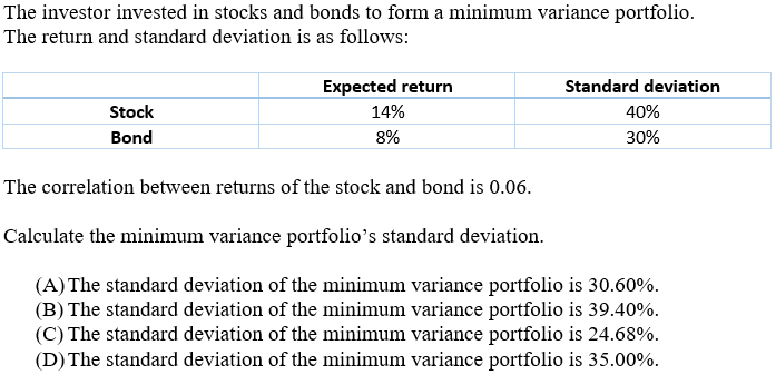 The investor invested in stocks and bonds to form a minimum variance portfolio.
The return and standard deviation is as follows:
Expected return
Standard deviation
Stock
14%
40%
Bond
8%
30%
The correlation between returns of the stock and bond is 0.06.
Calculate the minimum variance portfolio's standard deviation.
(A) The standard deviation of the minimum variance portfolio is 30.60%.
(B) The standard deviation of the minimum variance portfolio is 39.40%.
(C) The standard deviation of the minimum variance portfolio is 24.68%.
(D) The standard deviation of the minimum variance portfolio is 35.00%.
