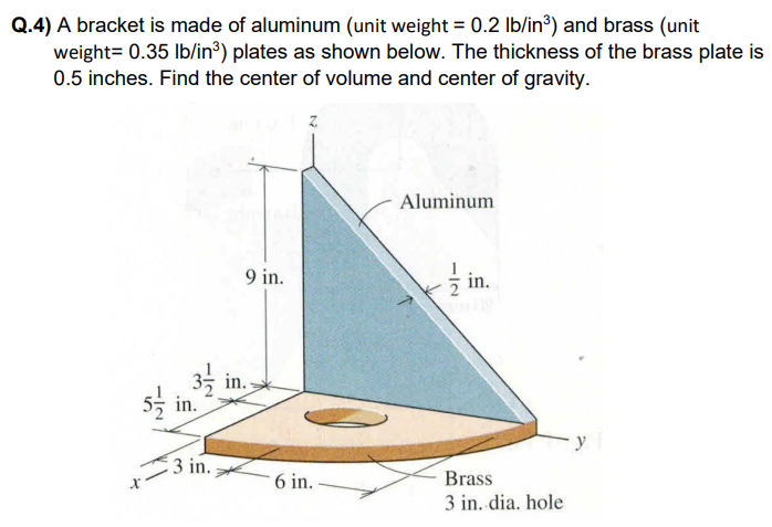 Q.4) A bracket is made of aluminum (unit weight = 0.2 lb/in3) and brass (unit
weight= 0.35 lb/in³) plates as shown below. The thickness of the brass plate is
0.5 inches. Find the center of volume and center of gravity.
Aluminum
9 in.
늑 in.
3 in.
5국 in.
3 in.
6 in. -
Brass
3 in. dia. hole

