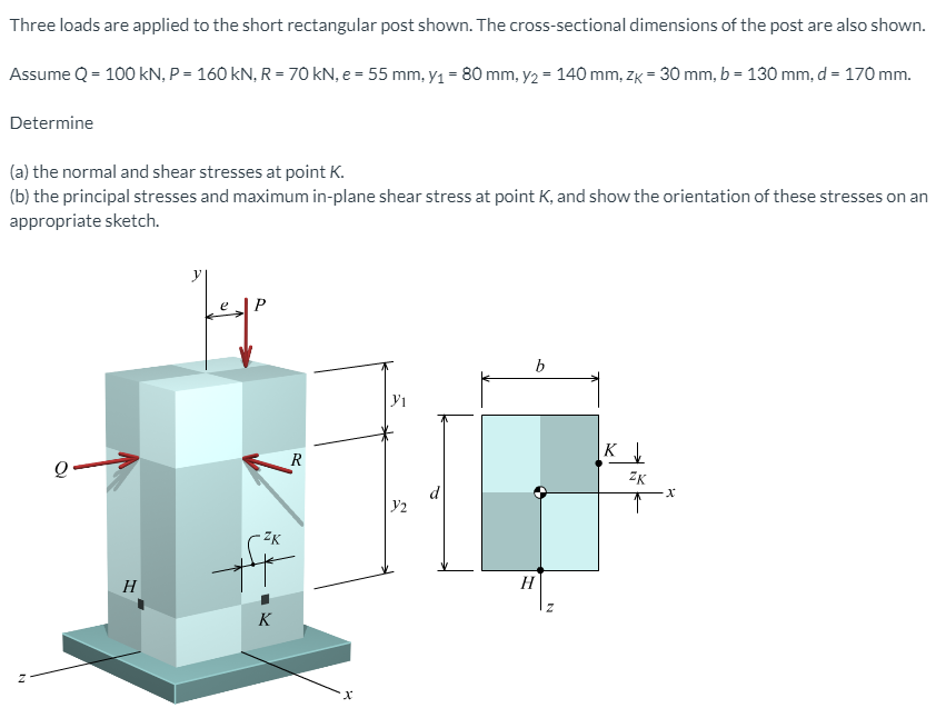 Three loads are applied to the short rectangular post shown. The cross-sectional dimensions of the post are also shown.
Assume Q = 100 kN, P = 160 kN, R = 70 kN, e = 55 mm, y1 = 80 mm, y2 = 140 mm, ZK = 30 mm, b = 130 mm, d = 170 mm.
Determine
(a) the normal and shear stresses at point K.
(b) the principal stresses and maximum in-plane shear stress at point K, and show the orientation of these stresses on an
appropriate sketch.
b
|K
R
ZK
d
y2
ZK
H
H
K
