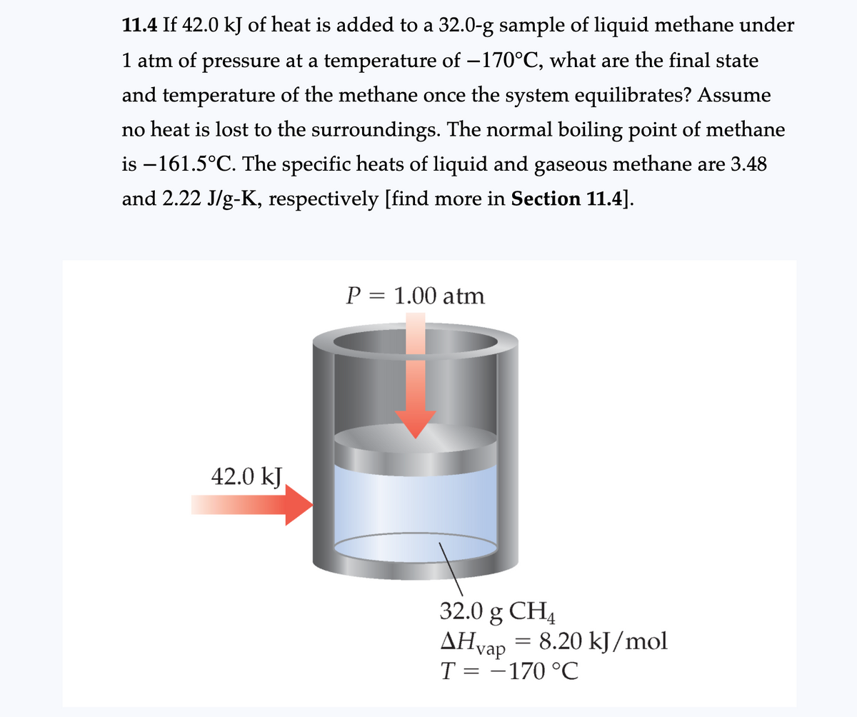 11.4 If 42.0 kJ of heat is added to a 32.0-g sample of liquid methane under
1 atm of pressure at a temperature of – 170°C, what are the final state
and temperature of the methane once the system equilibrates? Assume
no heat is lost to the surroundings. The normal boiling point of methane
is –161.5°C. The specific heats of liquid and gaseous methane are 3.48
and 2.22 J/g-K, respectively [find more in Section 11.4].
P = 1.00 atm
42.0 kJ
32.0 g CH4
AHvap = 8.20 kJ/mol
T = -170 °C
