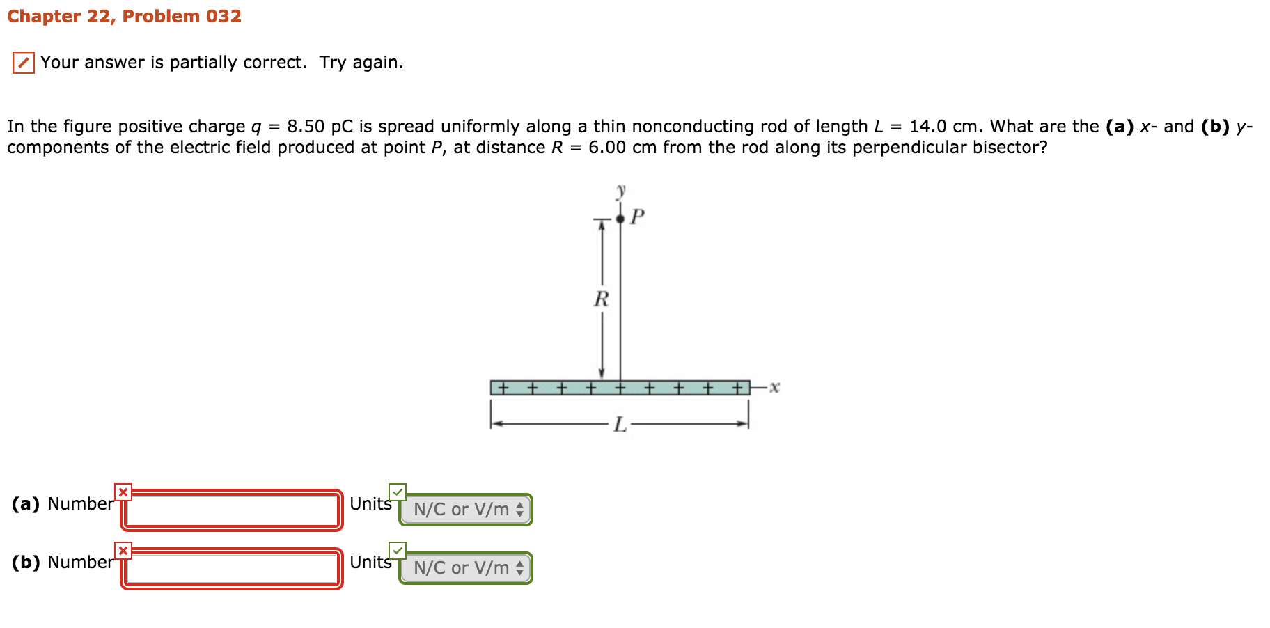 Chapter 22, Problem 032
Your answer is partially correct. Try again.
In the figure positive charge q = 8.50 pC is spread uniformly along a thin nonconducting rod of length L 14.0 cm, what are the (a) x-and (b) y-
components of the electric field produced at point P, at distance R = 6.00 cm from the rod along its perpendicular bisector?
Units
(a) Number
N/C or V/m
UnitsT N/C or V/m
