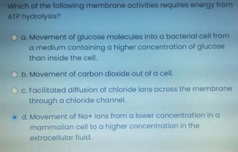 Which of the following membrane activities requires energy from
ATP hydrolysis?
a. Movement of glucose molecules into a bacterial cell from
a medium containing a higher concentration of glucose
than inside the cell.
O b. Movement of carbon dioxide out of a cell.
OC. Facilitated diffusion of chloride ions across the membrane
through a chloride channel.
Od. Movement of Na+ ions from a lower concentration in a
mammalian cell to a higher concentration in the
extracellular fluid.
