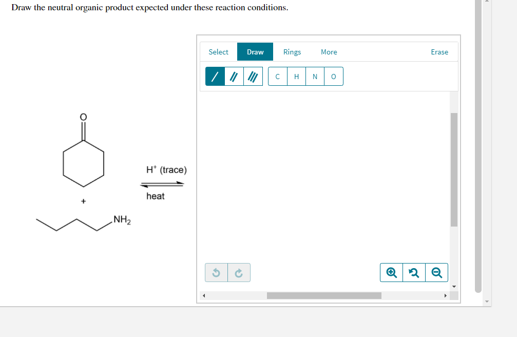 Draw the neutral organic product expected under these reaction conditions.
Select
Draw
Rings
More
Erase
H
H' (trace)
heat
NH2
