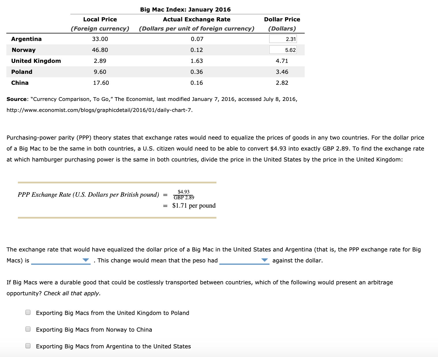 Big Mac Index: January 2016
Local Price
Actual Exchange Rate
Dollar Price
(Foreign currency)
(Dollars per unit of foreign currency)
(Dollars)
Argentina
33.00
0.07
2.31
Norway
46.80
0.12
5.62
United Kingdom
2.89
1.63
4.71
Poland
9.60
0.36
3.46
China
17.60
0.16
2.82
Source: "Currency Comparison, To Go," The Economist, last modified January 7, 2016, accessed July 8, 2016,
http://www.economist.com/blogs/graphicdetail/2016/01/daily-chart-7.
Purchasing-power parity (PPP) theory states that exchange rates would need to equalize the prices of goods in any two countries. For the dollar price
of a Big Mac to be the same in both countries, a U.S. citizen would need to be able to convert $4.93 into exactly GBP 2.89. To find the exchange rate
at which hamburger purchasing power is the same in both countries, divide the price in the United States by the price in the United Kingdom:
PPP Exchange Rate (U.S. Dollars per British pound)
$4.93
GBP 2.89
$1.71 per pound
The exchange rate that would have equalized the dollar price of a Big Mac in the United States and Argentina (that is, the PPP exchange rate for Big
Macs) is
This change would mean that the peso had
against the dollar.
If Big Macs were a durable good that could be costlessly transported between countries, which of the following would present an arbitrage
opportunity? Check all that apply.
O Exporting Big Macs from the United Kingdom to Poland
Exporting Big Macs from Norway to China
O Exporting Big Macs from Argentina to the United States
