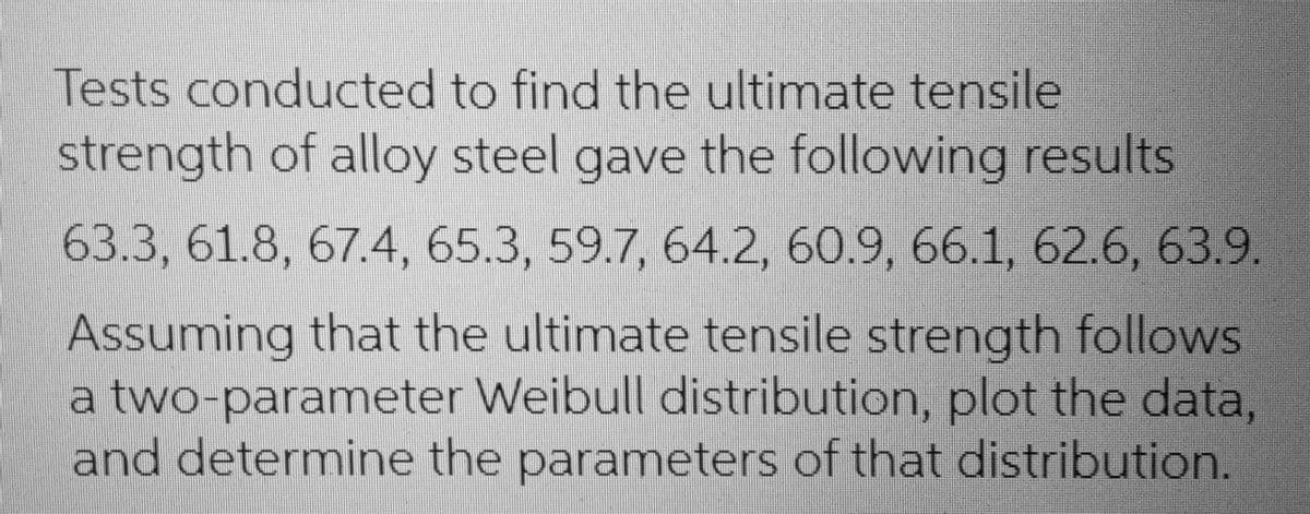 Tests conducted to find the ultimate tensile
strength of alloy steel gave the following results
63.3, 61.8, 67.4, 65.3, 59.7, 64.2, 60.9, 66.1, 62.6, 63.9.
Assuming that the ultimate tensile strength follows
a two-parameter Weibull distribution, plot the data,
and determine the parameters of that distribution.
