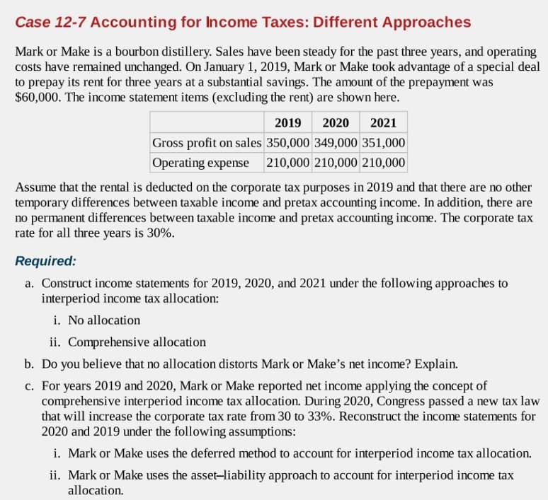 Case 12-7 Accounting for Income Taxes: Different Approaches
Mark or Make is a bourbon distillery. Sales have been steady for the past three years, and operating
costs have remained unchanged. On January 1, 2019, Mark or Make took advantage of a special deal
to prepay its rent for three years at a substantial savings. The amount of the prepayment was
$60,000. The income statement items (excluding the rent) are shown here.
2019
2020
2021
Gross profit on sales 350,000 349,000 351,000
Operating expense 210,000 210,000 210,000
Assume that the rental is deducted on the corporate tax purposes in 2019 and that there are no other
temporary differences between taxable income and pretax accounting income. In addition, there are
no permanent differences between taxable income and pretax accounting income. The corporate tax
rate for all three years is 30%.
Required:
a. Construct income statements for 2019, 2020, and 2021 under the following approaches to
interperiod income tax allocation:
i. No allocation
ii. Comprehensive allocation
b. Do you believe that no allocation distorts Mark or Make’s net income? Explain.
c. For years 2019 and 2020, Mark or Make reported net income applying the concept of
comprehensive interperiod income tax allocation. During 2020, Congress passed a new tax law
that will increase the corporate tax rate from 30 to 33%. Reconstruct the income statements for
2020 and 2019 under the following assumptions:
i. Mark or Make uses the deferred method to account for interperiod income tax allocation.
ii. Mark or Make uses the asset-liability approach to account for interperiod income tax
allocation.
