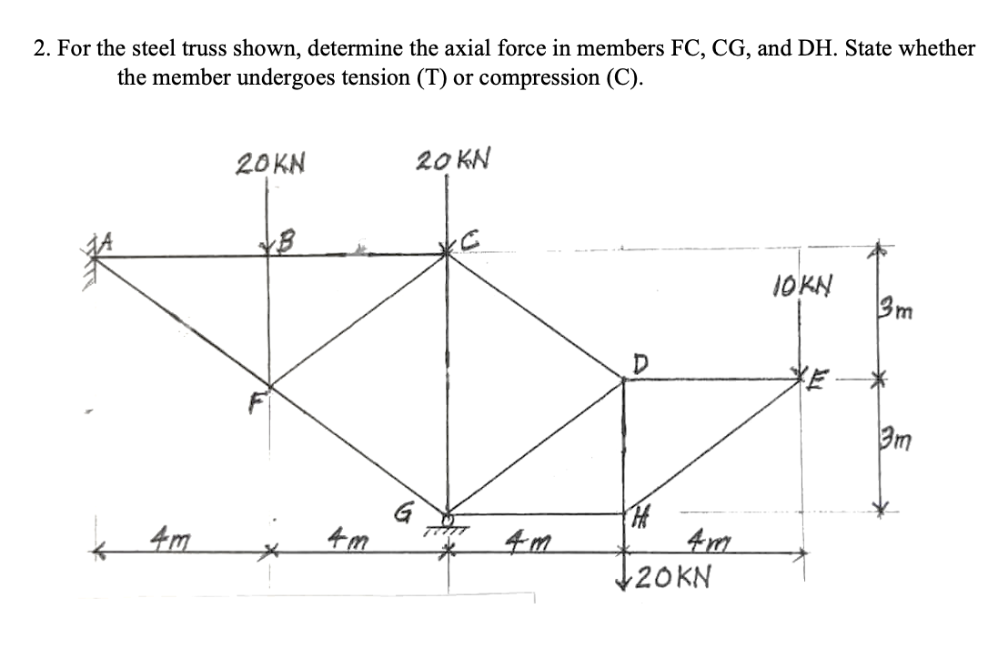 2. For the steel truss shown, determine the axial force in members FC, CG, and DH. State whether
the member undergoes tension (T) or compression (C).
20 KN
20 KN
IOKN
3m
4m
G
4m
4m
20KN
4m
