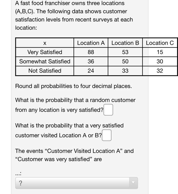 A fast food franchiser owns three locations
(A,B,C). The following data shows customer
satisfaction levels from recent surveys at each
location:
Location A Location B Location C
Very Satisfied
88
53
15
Somewhat Satisfied
36
50
30
Not Satisfied
24
33
32
Round all probabilities to four decimal places.
What is the probability that a random customer
from any location is very satisfied?
What is the probability that a very satisfied
customer visited Location A or B?
The events "Customer Visited Location A" and
"Customer was very satisfied" are
