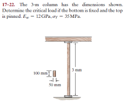 17-22. The 3-m column has the dimensions shown.
Determine the critical load if the bottom is fixed and the top
is pinned. E, = 12GPA, ay = 35 MPa.
3 mm
100 mm
50 mm
