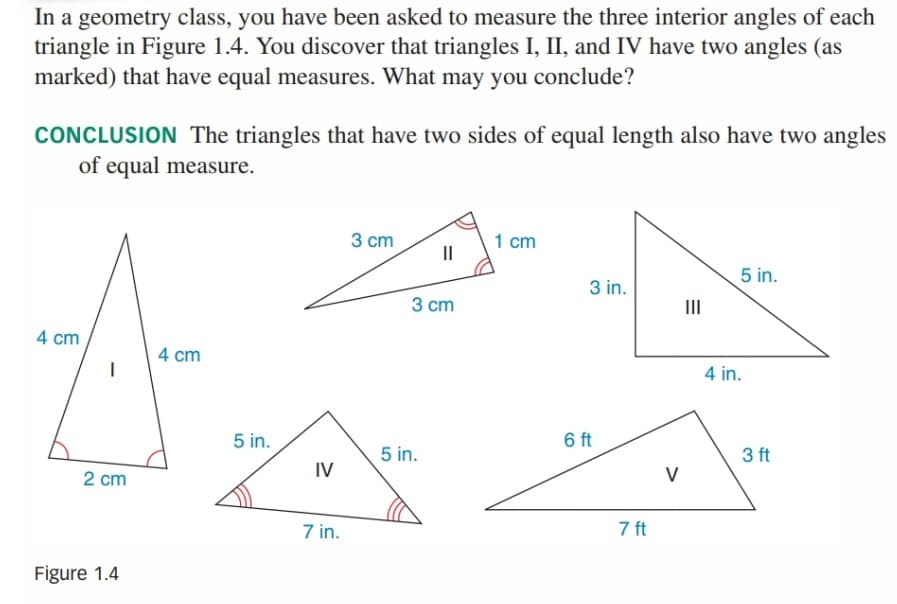 In a geometry class, you have been asked to measure the three interior angles of each
triangle in Figure 1.4. You discover that triangles I, II, and IV have two angles (as
marked) that have equal measures. What may you conclude?
CONCLUSION The triangles that have two sides of equal length also have two angles
of equal measure.
3 cm
1 cm
5 in.
3 in.
3 cm
II
4 cm
4 cm
4 in.
5 in.
6 ft
5 in.
3 ft
2 cm
IV
V
7 in.
7 ft
Figure 1.4
