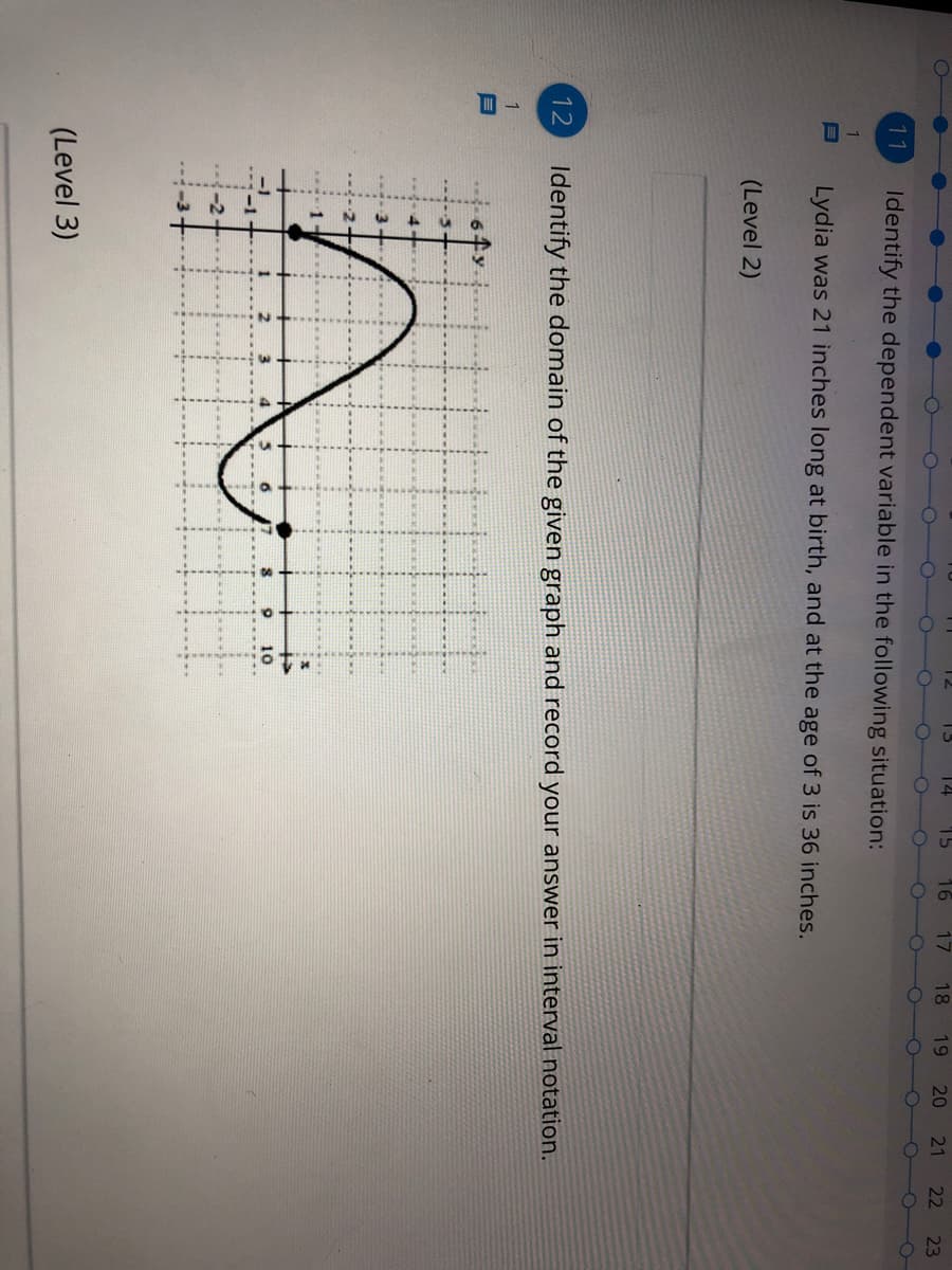 14
15
16
17
18
19
20 21
22
23
11
Identify the dependent variable in the following situation:
Lydia was 21 inches long at birth, and at the age of 3 is 36 inches.
(Level 2)
12
Identify the domain of the given graph and record your answer in interval notation.
1
10
(Level 3)
