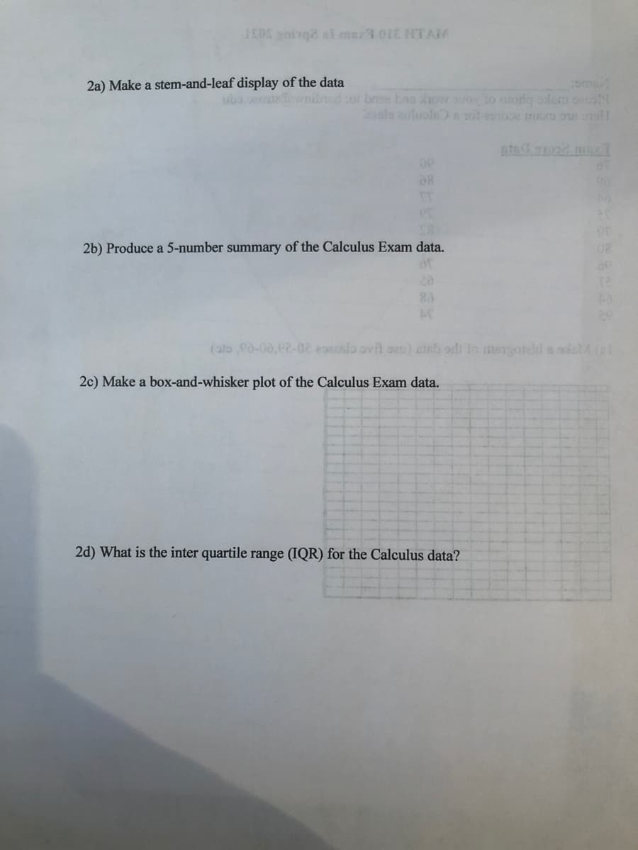 2a) Make a stem-and-leaf display of the data
ubo eoawnibed co bree bnn ow ov to olorlg olem oess9
aslo auluolsDs ot esnoe tro o ol
00
or
or
2b) Produce a 5-number summary of the Calculus Exam data.
ar
08
(ato C0-00,e2-02 20e2slo ovil seu) einb or lo aismorid s solaM (sl
2c) Make a box-and-whisker plot of the Calculus Exam data.
2d) What is the inter quartile range (IQR) for the Calculus data?
