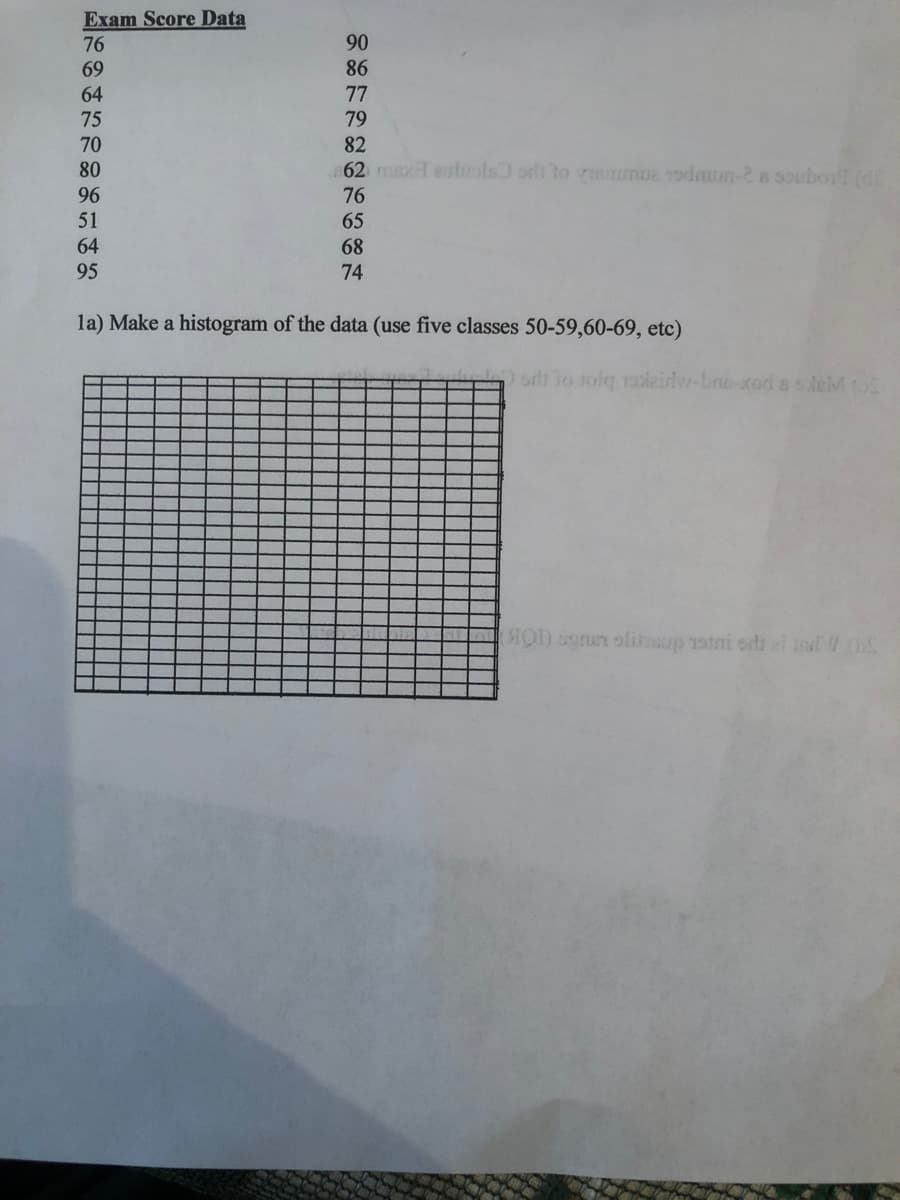 Exam Score Data
90
86
76
69
64
77
75
79
70
82
80
62 eutiols orlt to rumue rodmun-2 8 soubon (d
96
76
51
65
64
68
95
74
la) Make a histogram of the data (use five classes 50-59,60-69, etc)
O srd 3o tolq aleirlw-bne-xod s sleM o
M liup stni oh zi lod (bS
