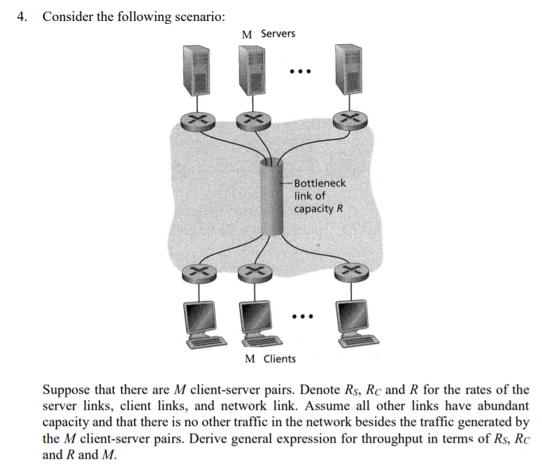 4. Consider the following scenario:
M Servers
Bottleneck
link of
capacity R
м Cients
Suppose that there are M client-server pairs. Denote Rs, Rc and R for the rates of the
server links, client links, and network link. Assume all other links have abundant
capacity and that there is no other traffic in the network besides the traffic generated by
the M client-server pairs. Derive general expression for throughput in terms of Rs, Rc
and R and M.
