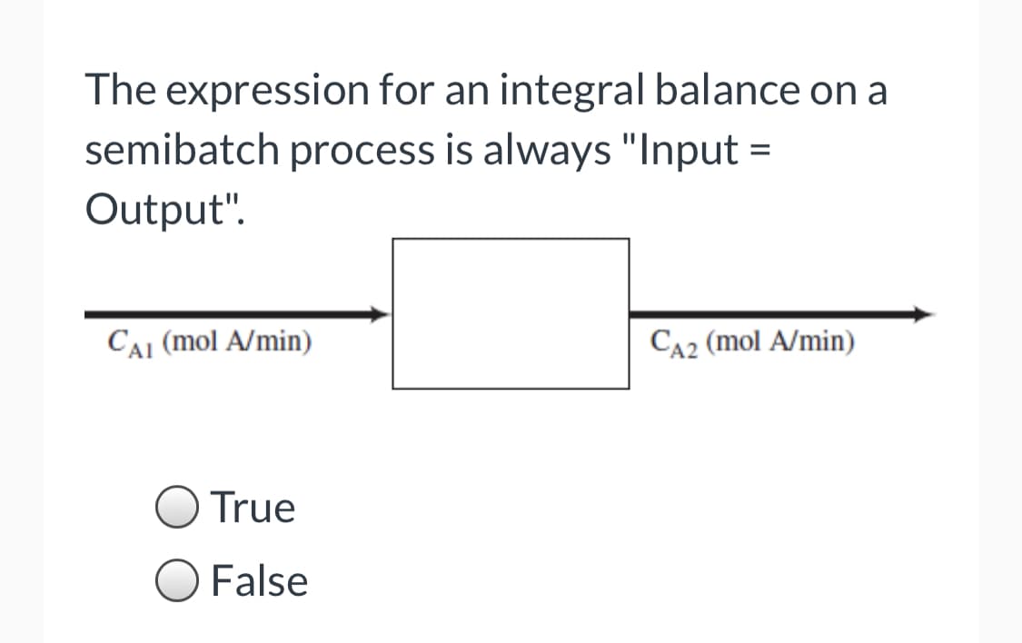 The expression for an integral balance on a
semibatch process is always "Input =
Output".
CAI (mol A/min)
CA2 (mol A/min)
True
False
