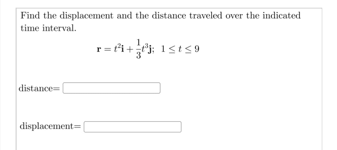 Find the displacement and the distance traveled over the indicated
time interval.
= t²i+¨t°j; 1<t<9
distance=
displacement=
