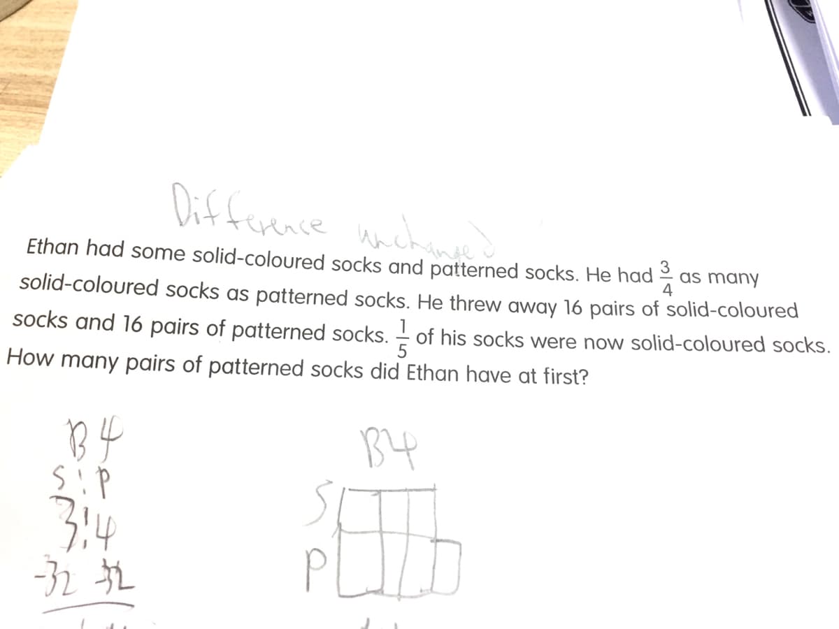 Difference unichine
Ethan had some solid-coloured socks and patterned socks. He had =
as many
solid-coloured socks as patterned socks. He threw away 16 pairs of solid-coloured
socks and 16 pairs of patterned socks. - of his socks were now solid-coloured socks.
How many pairs of patterned socks did Ethan have at first?
B4
B4
3:4
-32 2
PL
