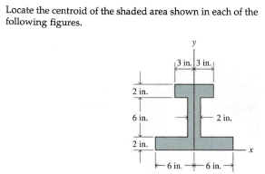 Locate the centroid of the shaded area shown in each of the
following figures.
3 in. 3 in.
2 in.
6 in.
2 in.
2 in.
6 in. 6 in. -
