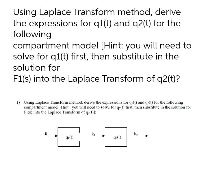 Using Laplace Transform method, derive
the expressions for q1(t) and q2(t) for the
following
compartment model [Hint: you will need to
solve for q1(t) first, then substitute in the
solution for
F1(s) into the Laplace Transform of q2(t)?
1) Using Laplace Transform method, derive the expressions for q1(t) and q2(t) for the following
compartment model [Hint: you will need to solve for q1(t) first, then substitute in the solution for
F1(s) into the Laplace Transform of q2(1)]:
