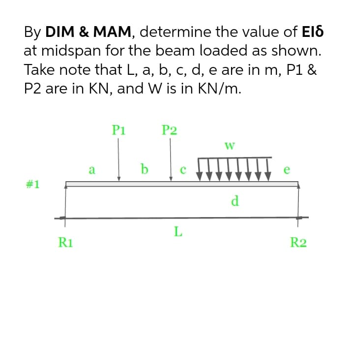 By DIM & MAM, determine the value of EI6
at midspan for the beam loaded as shown.
Take note that L, a, b, c, d, e are in m, P1 &
P2 are in KN, and W is in KN/m.
P1
P2
W
a
b
e
#1
d
L
R1
R2
%23
