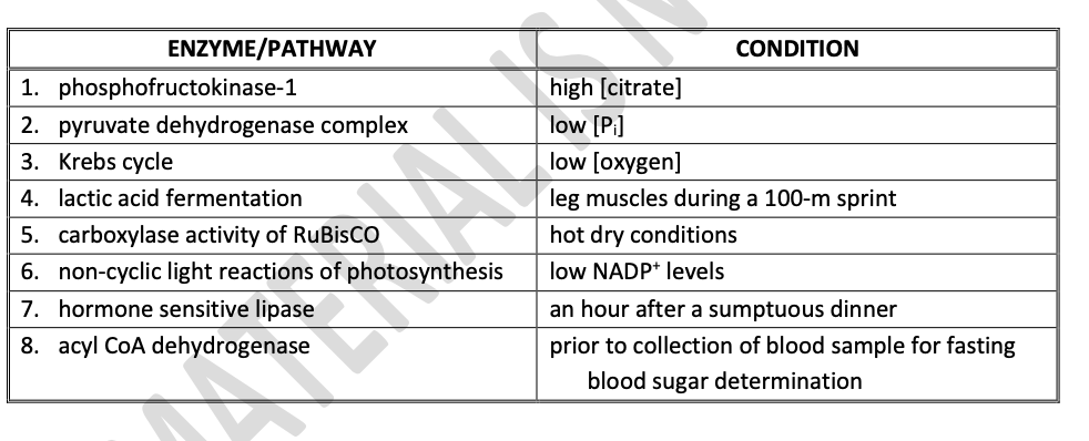 ENZYME/PATHWAY
1. phosphofructokinase-1
2. pyruvate dehydrogenase complex
3. Krebs cycle
4. lactic acid fermentation
5. carboxylase activity of RuBisCO
6. non-cyclic light reactions of photosynthesis
7. hormone sensitive lipase
8. acyl CoA dehydrogenase
CONDITION
high [citrate]
low [Pi]
low [oxygen]
leg muscles during a 100-m sprint
hot dry conditions
low NADP+ levels
an hour after a sumptuous dinner
prior to collection of blood sample for fasting
blood sugar determination