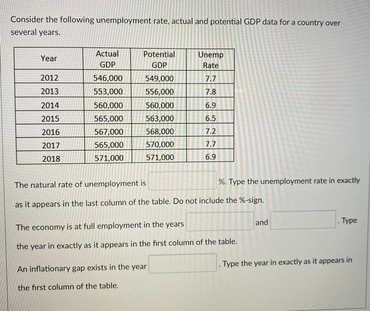 Consider the following unemployment rate, actual and potential GDP data for a country over
several years.
Actual
Potential
Unemp
Rate
Year
GDP
GDP
2012
546,000
549,000
7.7
2013
553,000
556,000
7.8
2014
560,000
560,000
6.9
2015
565,000
563,000
6.5
2016
567,000
568,000
7.2
2017
565,000
570,000
7.7
2018
571,000
571,000
6.9
The natural rate of unemployment is
%. Type the unemployment rate in exactly
as it appears in the last column of the table. Do not include the %-sign.
and
Type
The economy is at full employment in the years
the year in exactly as it appears in the first column of the table.
. Type the year in exactly as it appears in
An inflationary gap exists in the year
the first column of the table.
