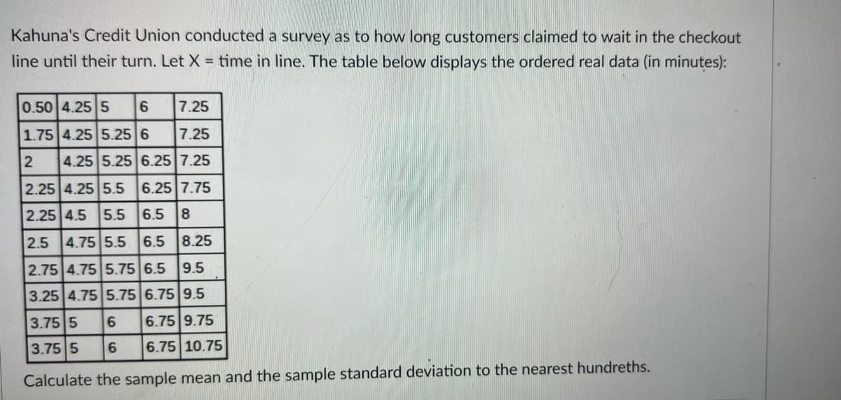 Kahuna's Credit Union conducted a survey as to how long customers claimed to wait in the checkout
line until their turn. Let X = time in line. The table below displays the ordered real data (in minutes):
0.50 4.25 5
6
7.25
1.75 4.25 5.25 6
7.25
2
4.25 5.25 6.25 7.25
2.25 4.25 5.5 6.25 7.75
2.25 4.5
5.5
6.5 8
2.5
4.75 5.5
6.5 8.25
2.75 4.75 5.75 6.5
9.5
3.25 4.75 5.75 6.75 9.5
3.75 5
6.
6.75 9.75
3.75 5
6.75 10.75
Calculate the sample mean and the sample standard deviation to the nearest hundreths.
