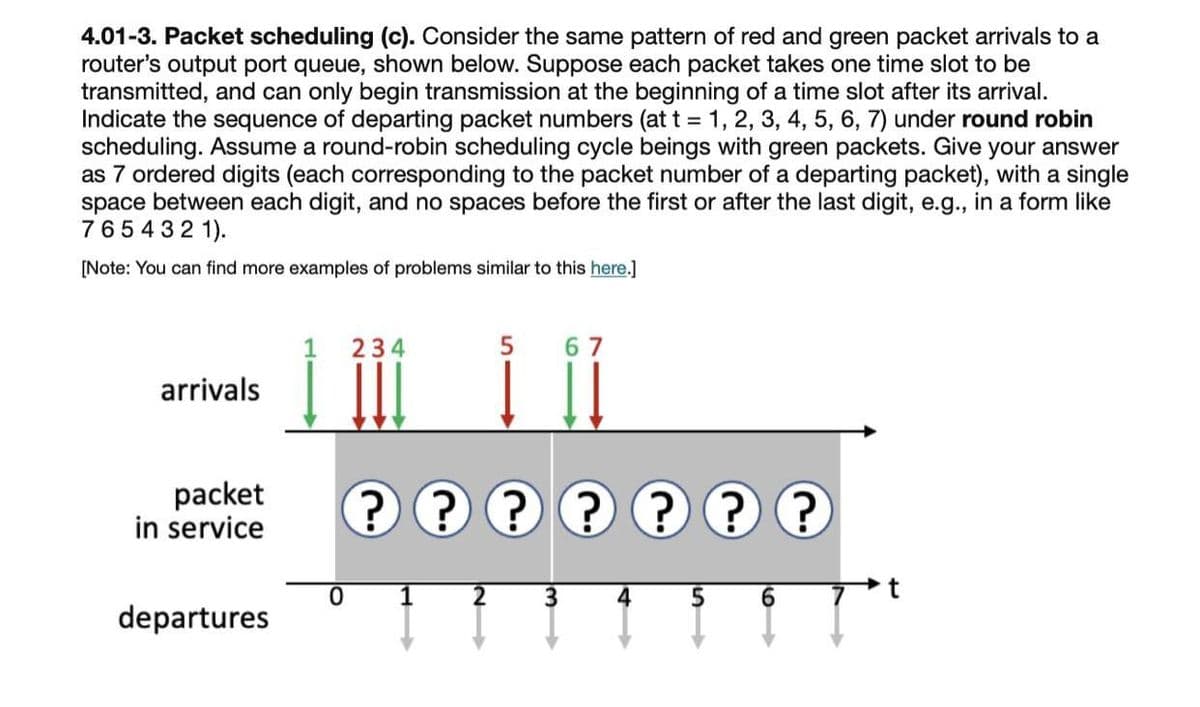 4.01-3. Packet scheduling (c). Consider the same pattern of red and green packet arrivals to a
router's output port queue, shown below. Suppose each packet takes one time slot to be
transmitted, and can only begin transmission at the beginning of a time slot after its arrival.
Indicate the sequence of departing packet numbers (at t = 1, 2, 3, 4, 5, 6, 7) under round robin
scheduling. Assume a round-robin scheduling cycle beings with green packets. Give your answer
as 7 ordered digits (each corresponding to the packet number of a departing packet), with a single
space between each digit, and no spaces before the first or after the last digit, e.g., in a form like
7654321).
[Note: You can find more examples of problems similar to this here.]
1
234
5
67
arrivals
packet
in service
???????
3
4
5
6
departures
24
