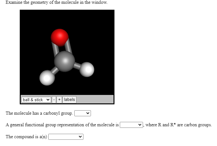 Examine the geometry of the molecule in the window.
ball & stick
+ labels
The molecule has a carbonyl group.
A general functional group representation of the molecule is
where R and R* are carbon groups.
The compound is a(n) |

