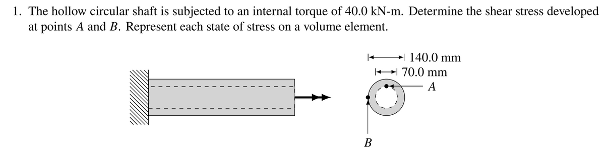1. The hollow circular shaft is subjected to an internal torque of 40.0 kN-m. Determine the shear stress developed
at points A and B. Represent each state of stress on a volume element.
→ 140.0 mm
+ 70.0 mm
A
В
