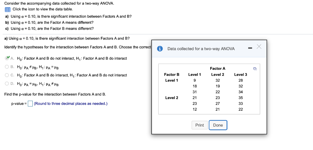 Consider the accompanying data collected for a two-way ANOVA.
E Click the icon to view the data table.
a) Using a = 0.10, is there significant interaction between Factors A and B?
b) Using a = 0.10, are the Factor A means different?
c) Using a = 0.10, are the Factor B means different?
a) Using a = 0.10, is there significant interaction between Factors A and B?
Identify the hypotheses for the interaction between Factors A and B. Choose the correct
Data collected for a two-way ANOVA
OA. Hn: Factor A and B do not interact, H,: Factor A and B do interact
O B. Hg: HA # HB, H: HA = HB
Factor A
O C. Ho: Factor A and B do interact, H,: Factor A and B do not interact
Factor B
Level 1
Level 2
Level 3
Level 1
9
32
28
O D. Hg: HA = Hg, H: HA He
18
19
32
31
22
34
Find the p-value for the interaction between Factors A and B.
Level 2
21
23
35
p-value = (Round to three decimal places as needed.)
23
27
33
12
21
22
Print
Done
