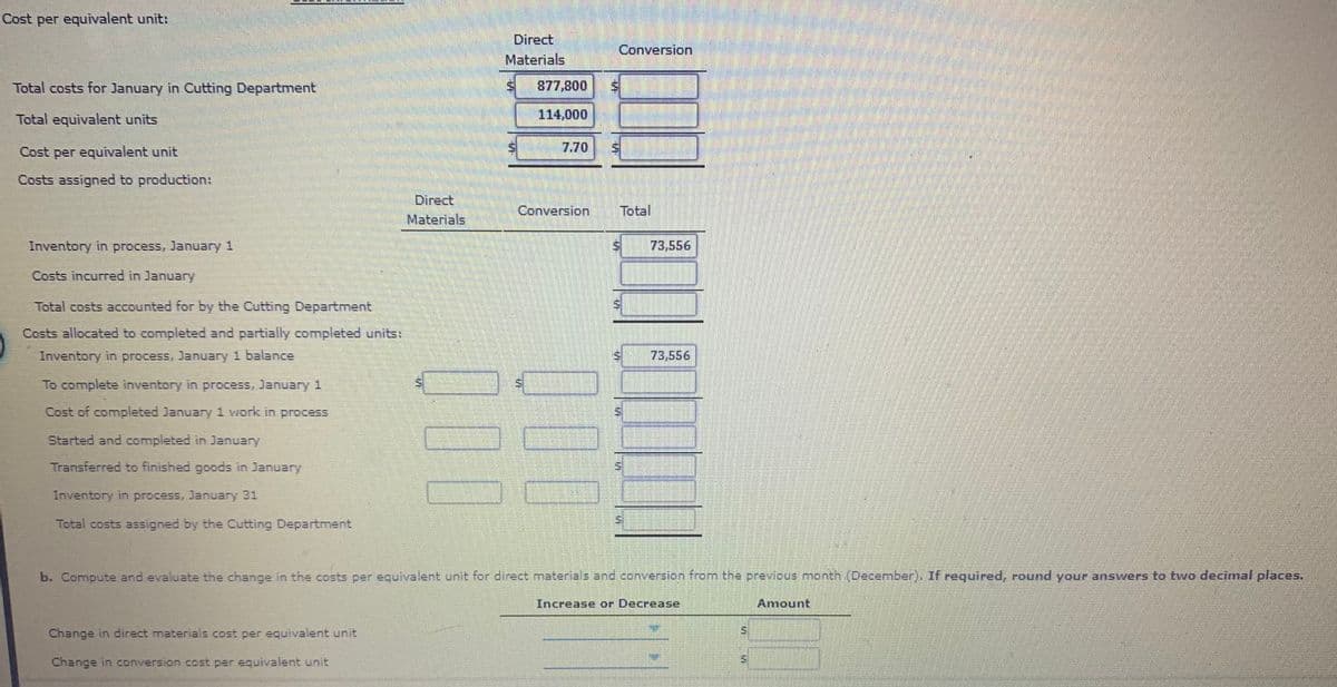 Cost per equivalent unit:
Direct
Conversion
Materials
Total costs for January in Cutting Department
877,800
Total equivalent units
114,000
Cost per equivalent unit
7.70
Costs assigned to production:
Direct
Conversion
Total
Materials
Inventory in process, January 1
73,556
Costs incurred in January
Total costs accounted for by the Cutting Department
Costs allocated to completed and partially completed units:
Inventory in process, January 1 balance
73,556
To complete inventory in process, January 1
Cost of completed January1 work in process
Started and completed in January
Transferred to finished goods in January
Inventory in process, January 31
Total costs assigned by the Cutting Department
b. Compute and evaluate the change in the costs per equivalent unit for direct material s and conversicn from the previous month (December). If required, round your answers to two decimal places.
Increase or Decrease
Amount
Change in direct materials cost per equivalent unit
Change in conversion cost per equivalent unit
