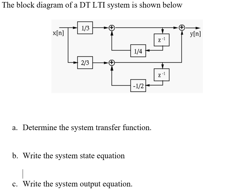 The block diagram of a DT LTI system is shown below
1/3
x[n]
y[n]
z-1
1/4
2/3
z1
|-1/2
a. Determine the system transfer function.
b. Write the system state equation
c. Write the system output equation.
