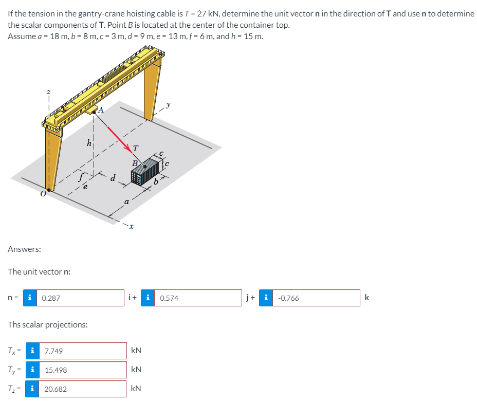 If the tension in the gantry-crane hoisting cable is T- 27 kN, determine the unit vector n in the direction of T and use n to determine
the scalar components of T. Point B is located at the center of the container top.
Assume a - 18 m, b = 8 m, c = 3 m, d = 9 m, e = 13 m, f = 6 m, and h = 15 m.
