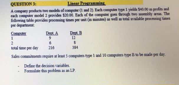 Linear Programming
QUESTION 3:
A company products two models of computer (1 and 2). Each computer type 1 yields $40.00 un profits and
each computer model 2 provides $20.00. Each of the computer goes through two assembly areas. The
following table provides processing times per unit (in minutes) as well as total available processing times
per department
Dept. A
Dept B
12
Computer
2
6
total time per day
216
384
Sales commitments require at least 5 computers type 1 and 10 computers type B to be made per day.
Define the decision variables
Formulate this problem as an LP.
